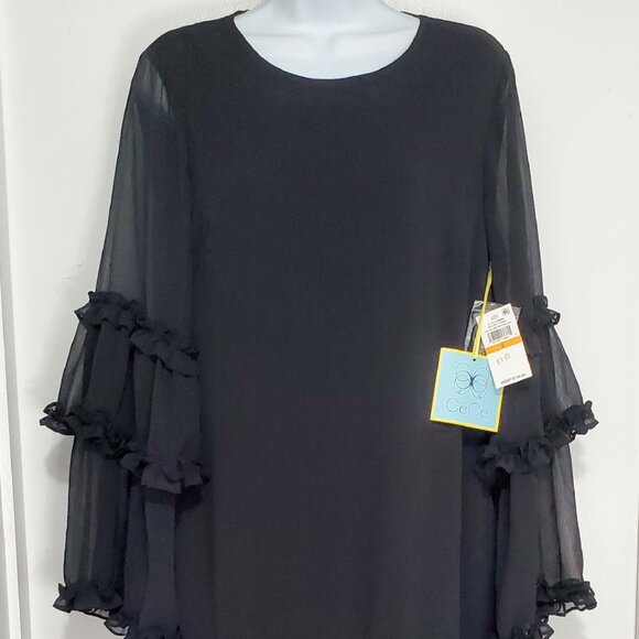 NWT- CeCE Ruffle Chiffon, Long Bell-Sleeve, Shift Dress- Rich Black- Small - Picture 4 of 11